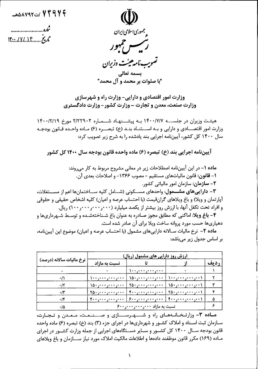 آیین نامه قانون مالیات برخانه های لوکس به سازمان مالیاتی ابلاغ شد